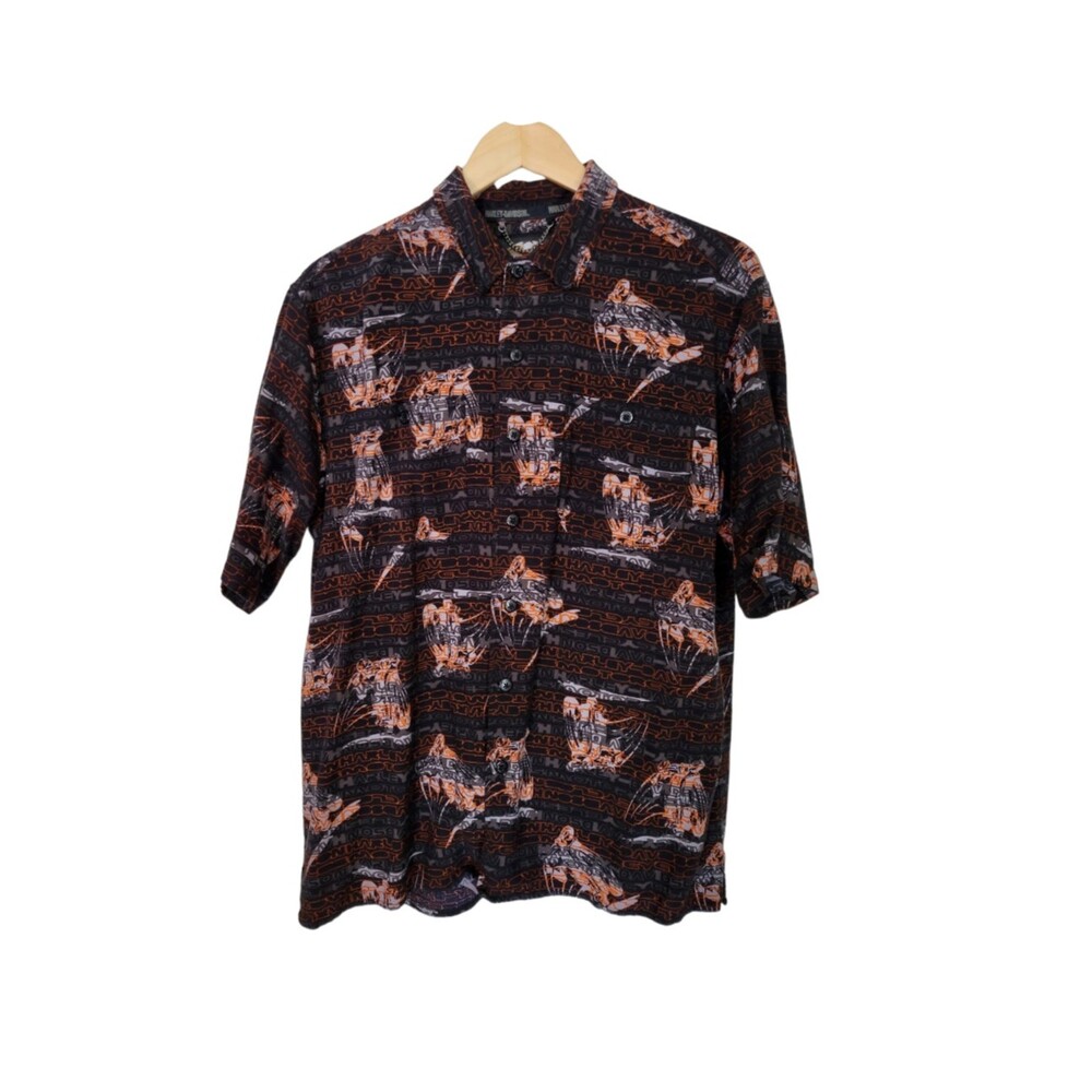 Harley Davidson Button Up Men's Shirt L Black Orange Rayon Collectible